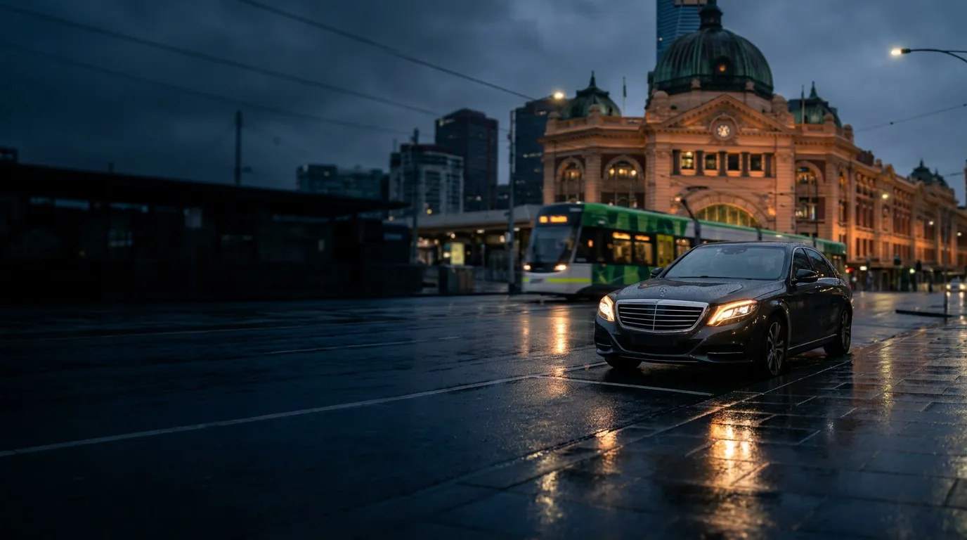 A dark sedan on a rain-washed street at dusk outside Flinders Street Station, a Melbourne tram passing behind