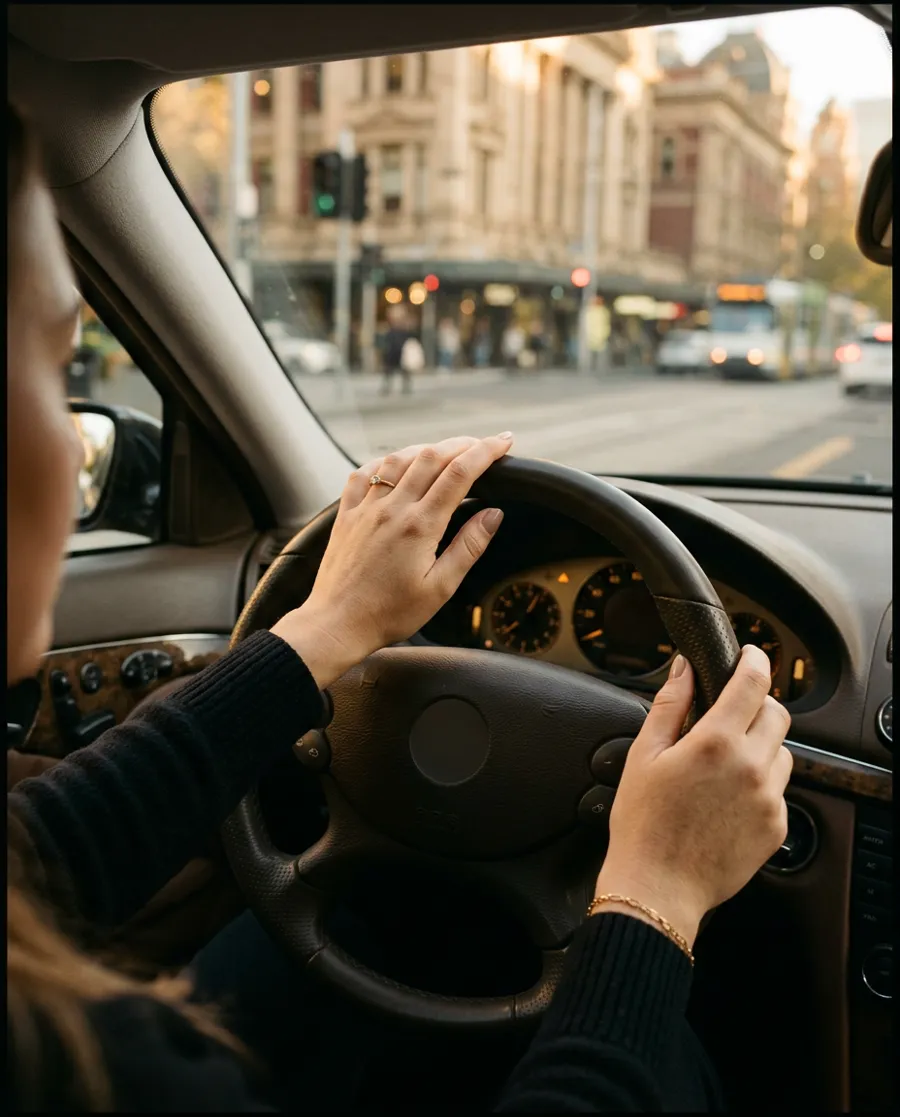 A learner’s hands resting calmly on the steering wheel, a Melbourne street and tram ahead